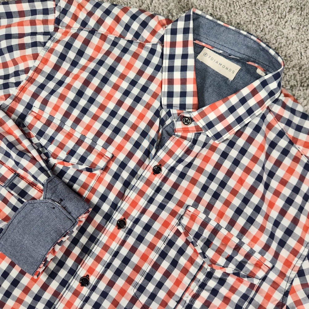 7 Diamonds Shirt Mens Large Gingham Check Plaid Flip‎ Cuff Camp Performance